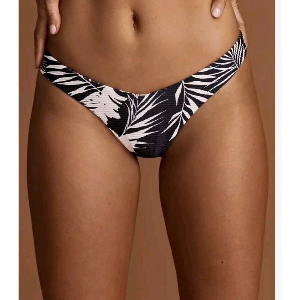 Seafolly RIO Women Black / White Plant Ribbed Hipster Swim Bottoms Sz 12 / US 8
